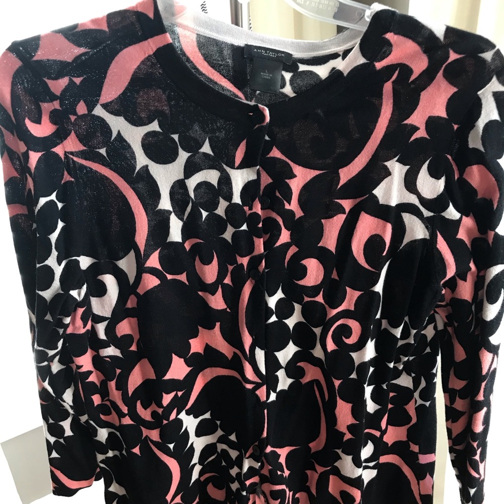 Ann Taylor Patterned Cardigan, pink & black Large